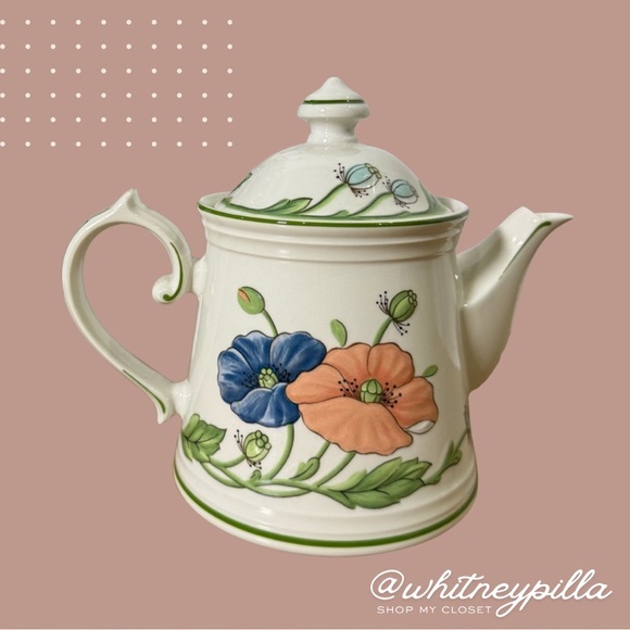 Vintage Villeroy & Boch white, pink, blue & green poppies ceramic Tea Pot - Picture 1 of 8